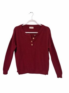 Be Cool Red Waffle Knit Henley Button Front Long Sleeve Sweater  Pullover Small